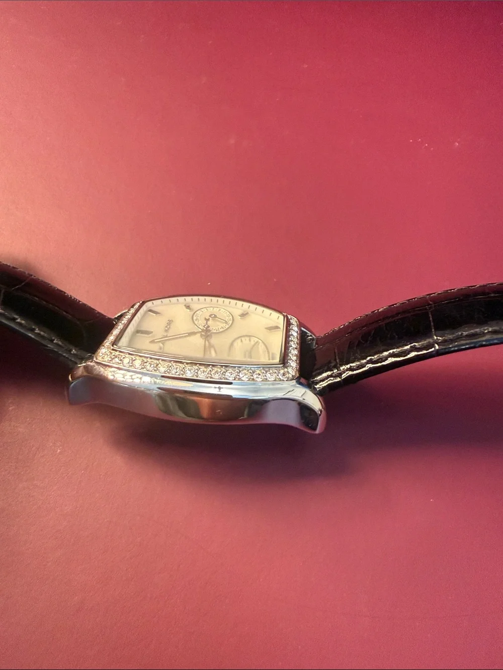 Michael Kors Silver-Tone Crystal Bezel Watch with Black Strap